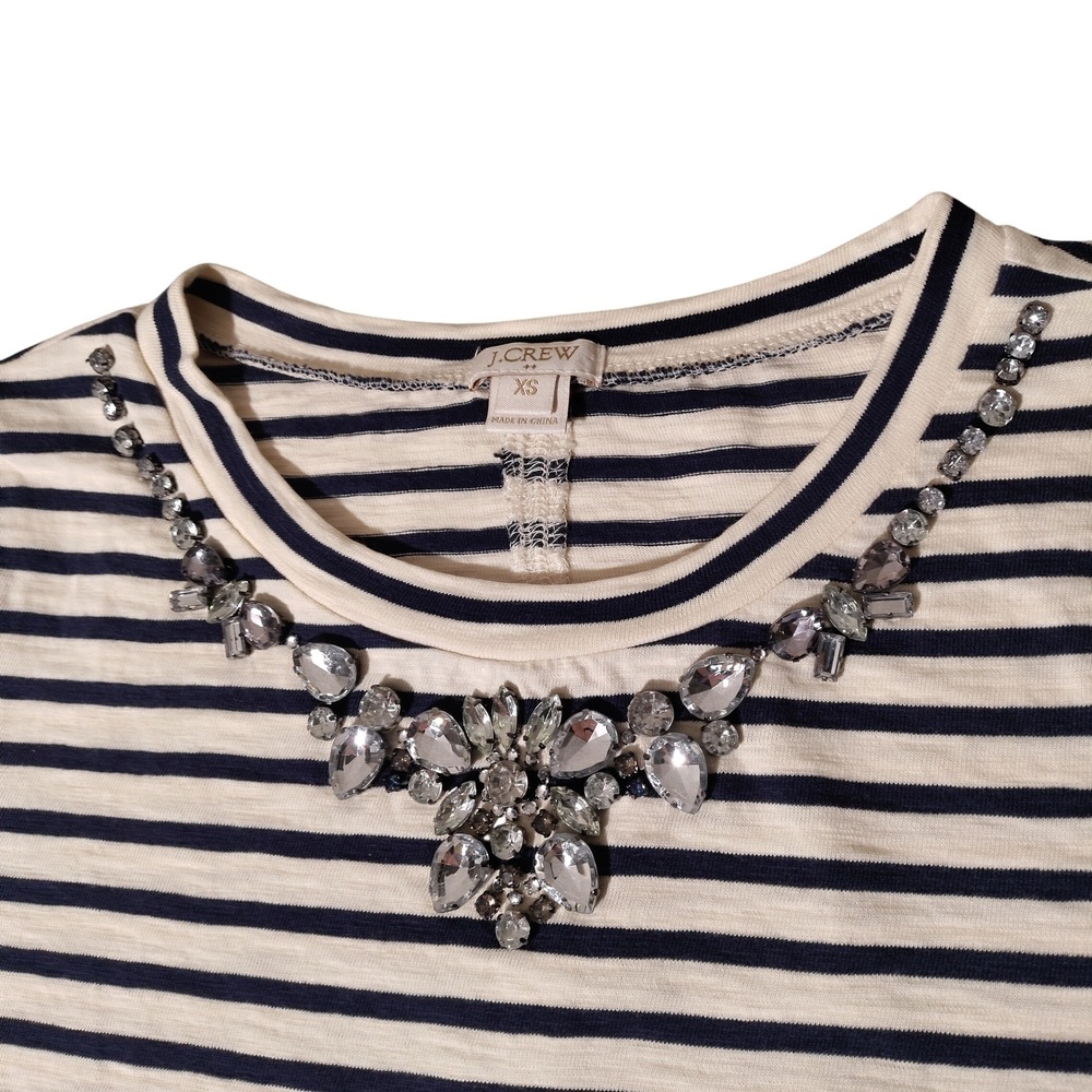 J.Crew Womens Striped Crystal Embellished Statement Top Navy Cream XS